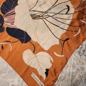 Authentic Christian Dior Silk Scarf 29x29 Square  burnt orange/navy/cream